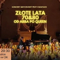 Concert poster: the title of the event, a man sitting by the piano and numerous candles in front of it.