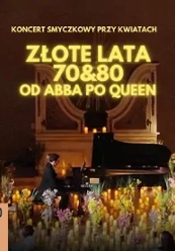 Concert poster: the title of the event, a man sitting by the piano and numerous candles in front of it.