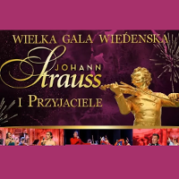 Concert poster - the golden sculpture of a man playing the violin and the title of the concert on purple background.