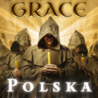 Concert poster:a few men in habits with their heads bowed, holding candles.