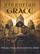 Concert poster: photo of monks in hoods with candles in their hands and information about the event.