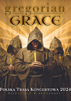 Concert poster: photo of monks in hoods with candles in their hands and information about the event.