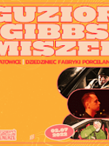 Concert poster: three photos of the artists on orange background