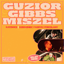 Concert poster: three photos of the artists on orange background