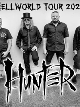 Black and white photo of Hunter band and the title of the event.