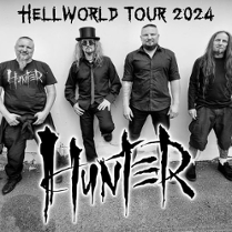 Black and white photo of Hunter band and the title of the event.