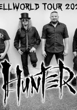 Black and white photo of Hunter band and the title of the event.