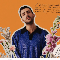 Picture of the artist among flowers on orange background.