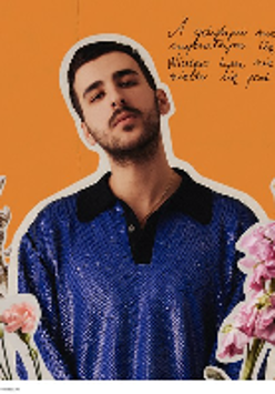 Picture of the artist among flowers on orange background.