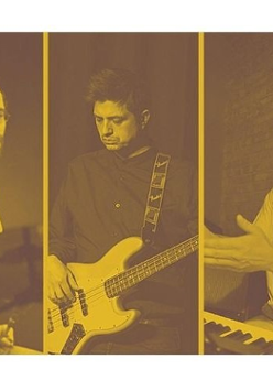 Photo of the band - three separate photos of band members with their musical instruments.