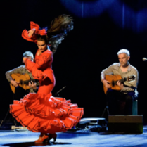 Photo of flamenco dancer and two men playing the guitar