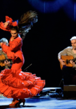 Photo of flamenco dancer and two men playing the guitar