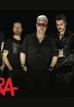 Photo of the band: five man standing, dressed in black clothes. Black background.