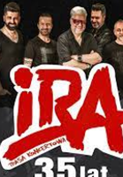 Concert poster: photo of the band and big, red inscription "IRA".