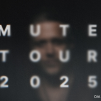 Concert poster: blurred photo of man and information about the event, black background.