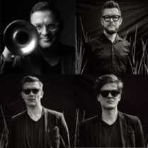 Black and white photos of the band members