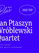 Concert poster in white and blue colours - information about the event.