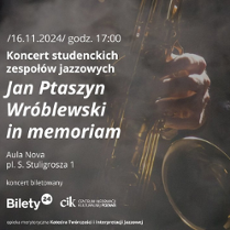 Concert poster with information about the event and a photo of a saxophone with a hand playing it.