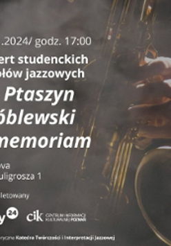 Concert poster with information about the event and a photo of a saxophone with a hand playing it.