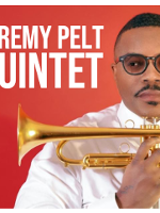 Photo of Jeremy Pelt with a trumpet on a red background. On the left the name of the band..