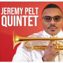 Photo of Jeremy Pelt with a trumpet on a red background. On the left the name of the band..