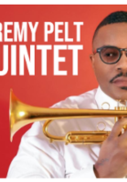 Photo of Jeremy Pelt with a trumpet on a red background. On the left the name of the band..