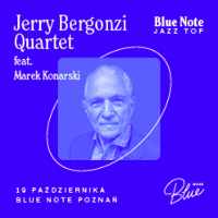 Concert poster in blue colours: photo of Jerry Bergonzi and information about the event.