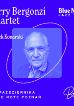 Concert poster in blue colours: photo of Jerry Bergonzi and information about the event.