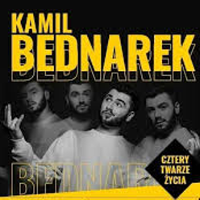 Concert poster: black and white photo pf Kamil Bednarek and yellow text "Kamil Bednarek".