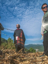 Photo of the band members. Blue sky as a background.