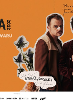 Picture of the artists among flowers on orange background.