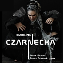 Concert poster: dark photo of a woman with her hands up and white text - name of the singer and title of the concert.