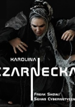 Concert poster: dark photo of a woman with her hands up and white text - name of the singer and title of the concert.