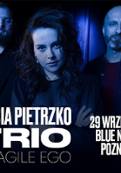 Photo in black and dark blue colours of Kasia Pietrzko Trio members and information about the event.