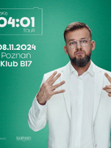 Photo of a young men in white suit. On the left - information about the event, green background.
