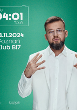 Photo of a young men in white suit. On the left - information about the event, green background.