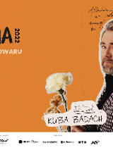 Picture of the artist among flowers on orange background.