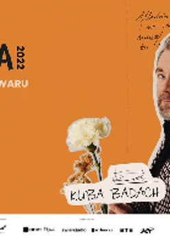 Picture of the artist among flowers on orange background.