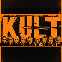 Concert poster in black and orange colours with drawing of the Kult band and the name of the band.