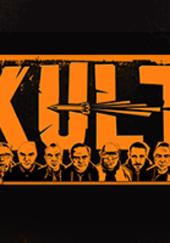 Concert poster in black and orange colours with drawing of the Kult band and the name of the band.