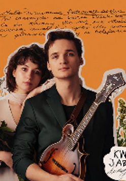 Picture of the artists among flowers on orange background.
