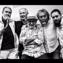 Black and white photo of the band