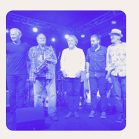 Photo of the band in blue colours.