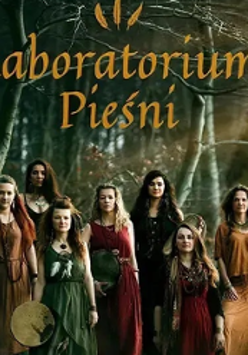Concert poster: photo of young women in long dreses, trees as a background.