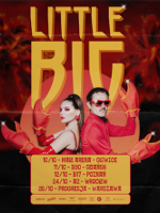 Concert tour poster: photo of a man and a woman on a red background. The name of the band on the top of the poster and information about the tour under performers' photo.