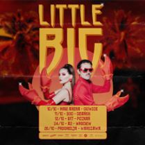 Concert tour poster: photo of a man and a woman on a red background. The name of the band on the top of the poster and information about the tour under performers' photo.