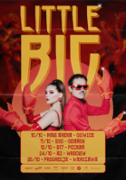 Concert tour poster: photo of a man and a woman on a red background. The name of the band on the top of the poster and information about the tour under performers' photo.