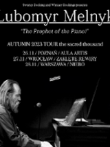 Black and white poster with information about the event and photo of Lubomyr Melnyk playing the piano.