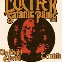 Concert poster: band names and a picture of a woman's face in a black circle.