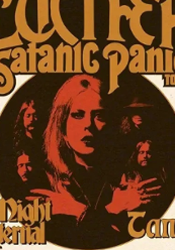 Concert poster: band names and a picture of a woman's face in a black circle.